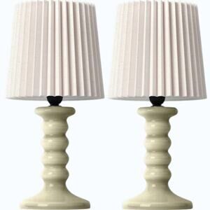 Set of 2 - Mini Bedside Green Glass Table Lamps 12" H, Inline Switch, 25W Max